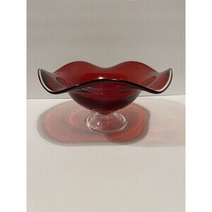 Vintage Mid-Century MCM Red Glass Decorative Candy Dish Bowl Ruffled Edge